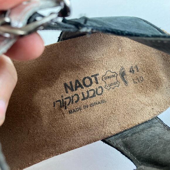 Naot Womens sz 10 Black Tan Silver Low Wedge Comfort Sandals T Strap - Picture 8 of 10